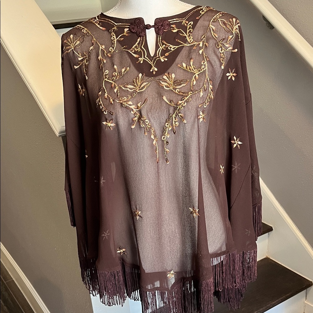 Cape/Poncho Brown Elegant Sheer Chiffon feel with Gold Cream Brown Embroidered